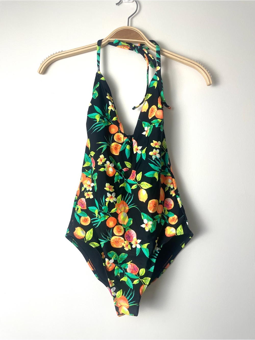 Xhilaration Black One-Piece Swimsuit with Orange Citrus Floral Print